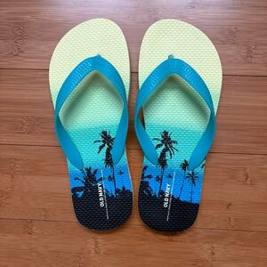 Old Navy Unisex Flip Flops Teal Green Ombre Palm Tree Adult 5/6 Big Kids